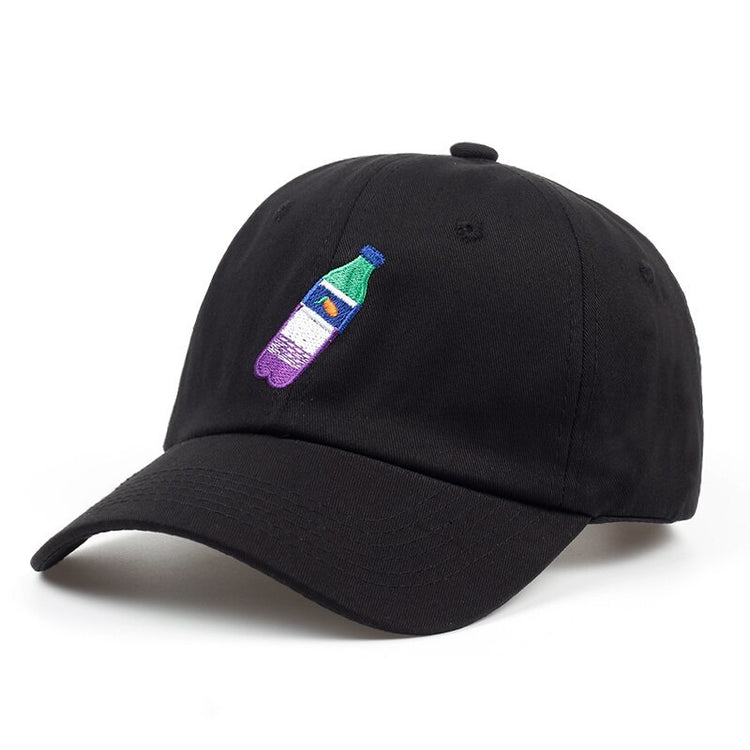 a black hat with a bottle on it