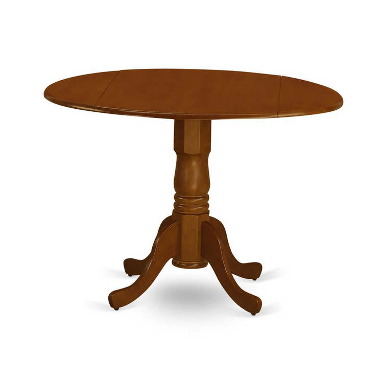 a round wooden table with a white background