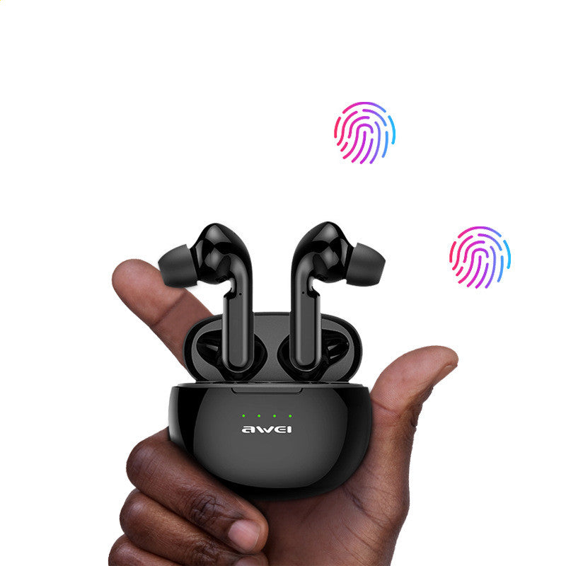 a hand holding a black wireless earbuds
