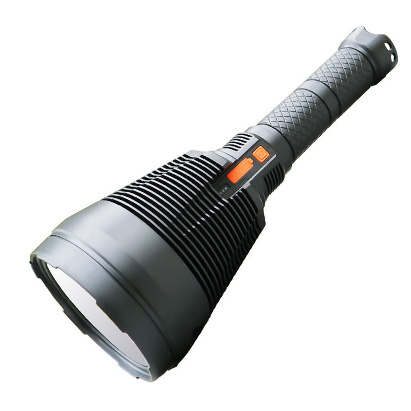 a black flashlight with a handle