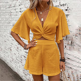 Women's Two-Piece Ruffle-Sleeve Top and Shorts Set