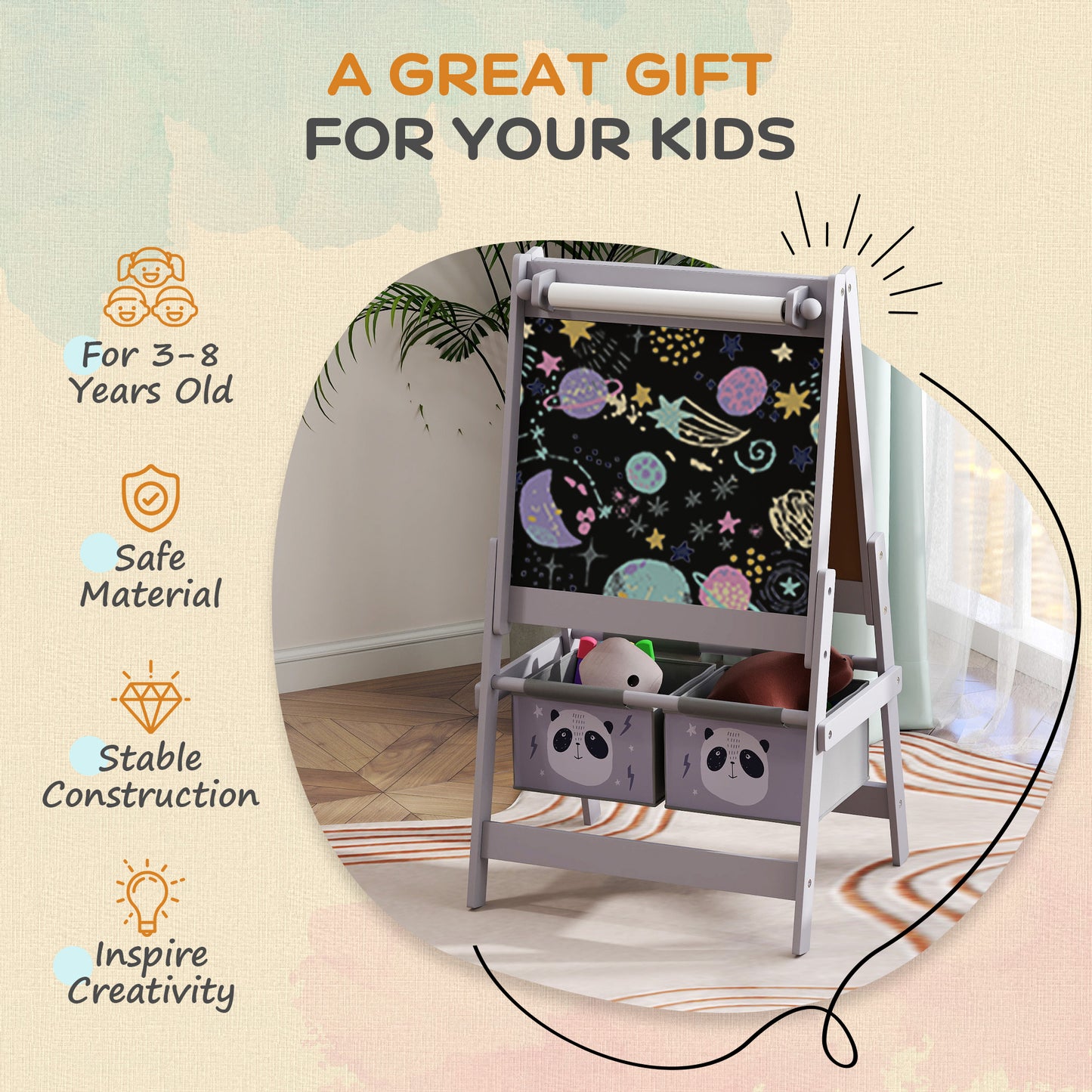 Art Easel for Kids with Paper Roll, Blackboard, Whiteboard, Storage