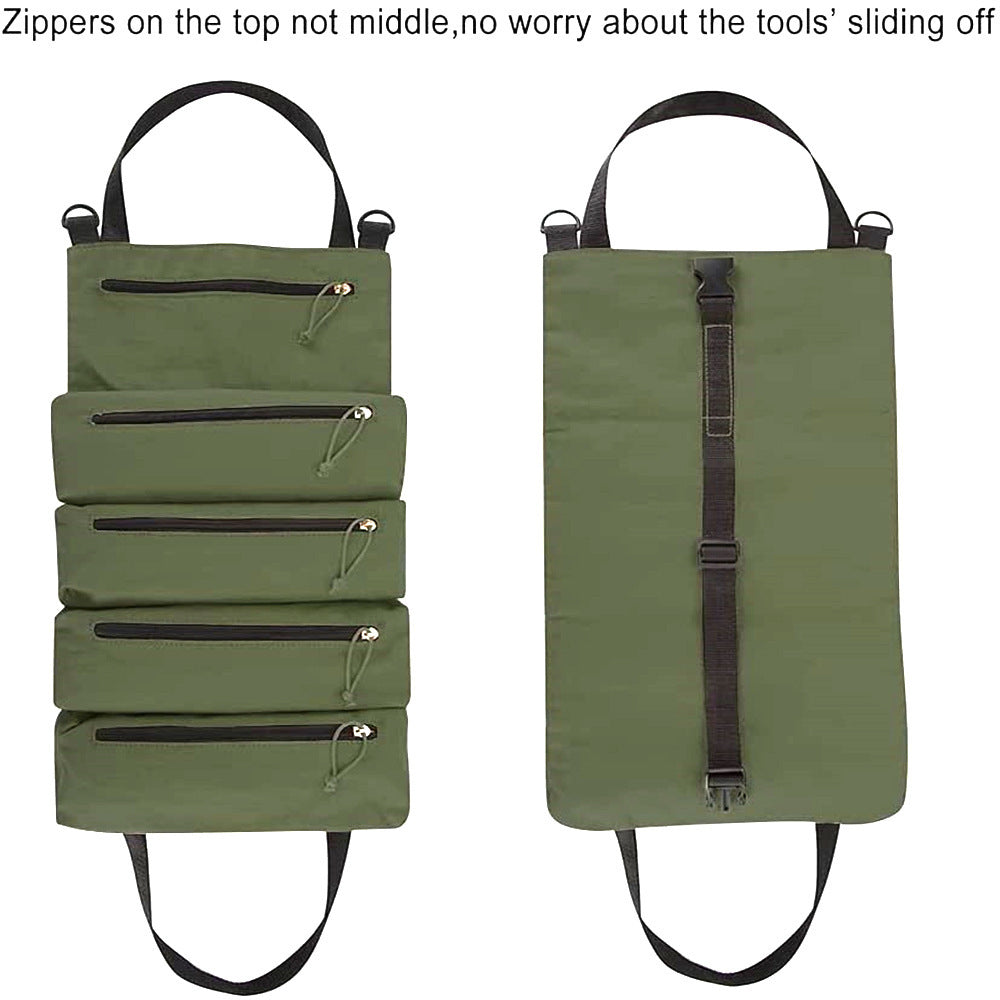 a green bag with zippers