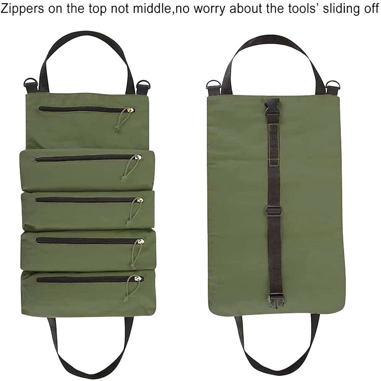 a green bag with zippers