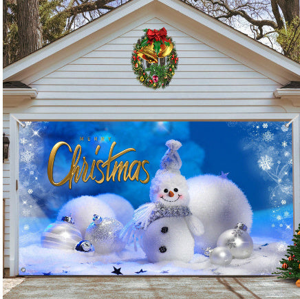 a garage with a snowman and ornaments