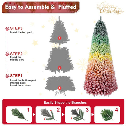 6FT 7.5FT Artificial Unlit Colorful Rainbow Hinged Christmas Tree, WITH PVC Branch Tips