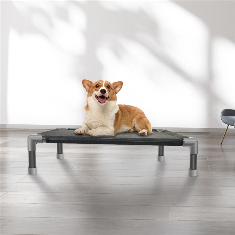a dog lying on a small platform
