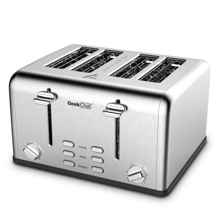 a silver toaster with buttons and knobs