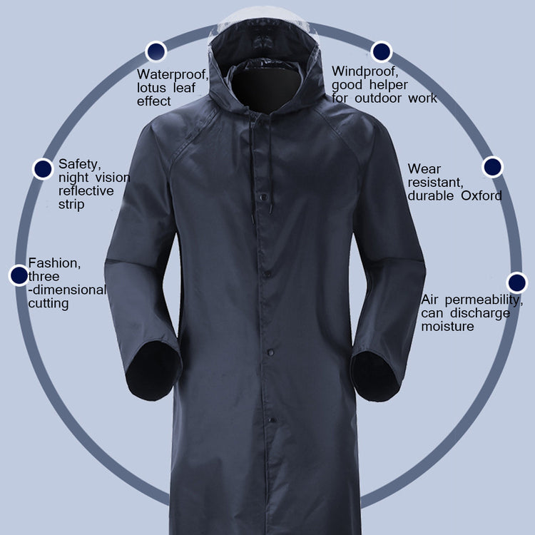 a black raincoat with a blue circle with white text