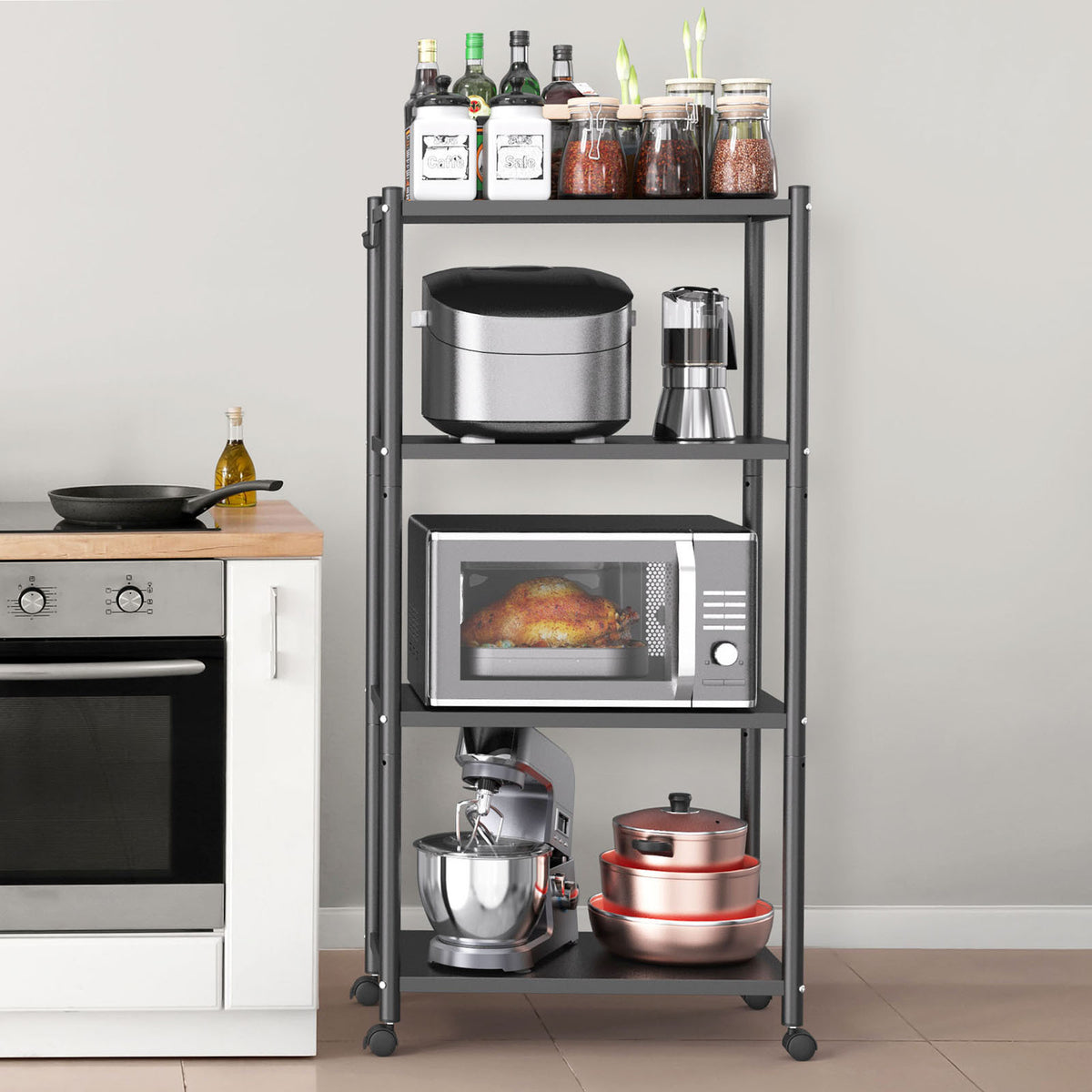 a kitchen cart with food on it