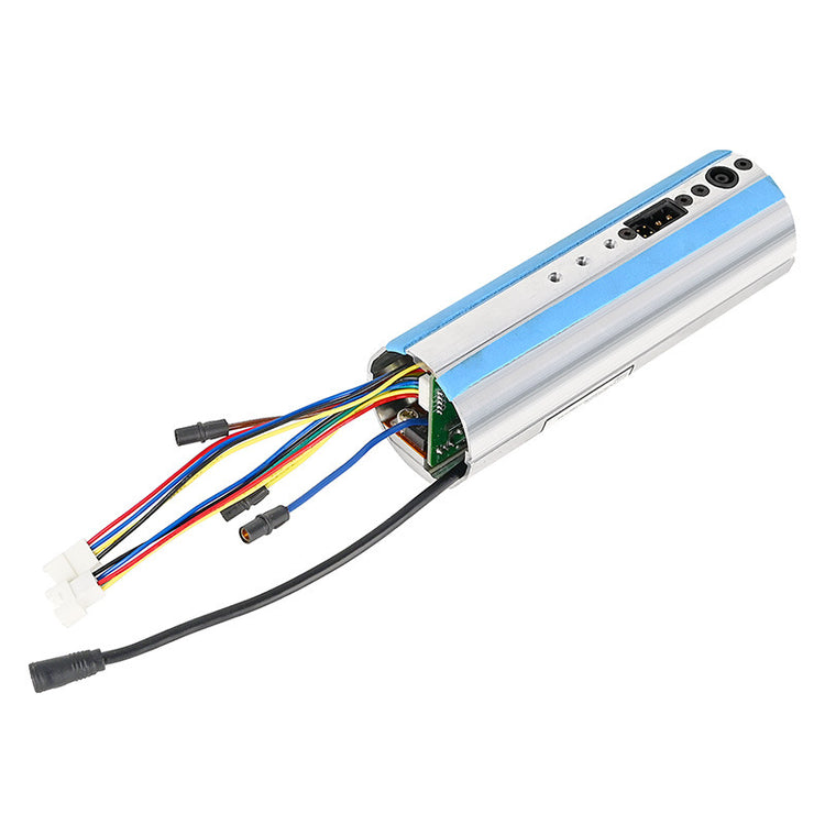 a silver and blue electronic device with wires