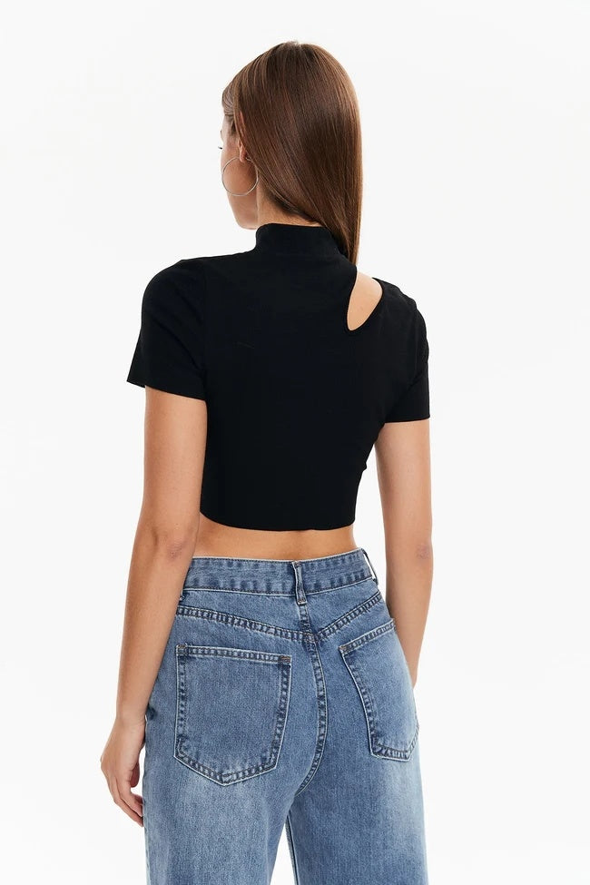 a woman in a black shirt