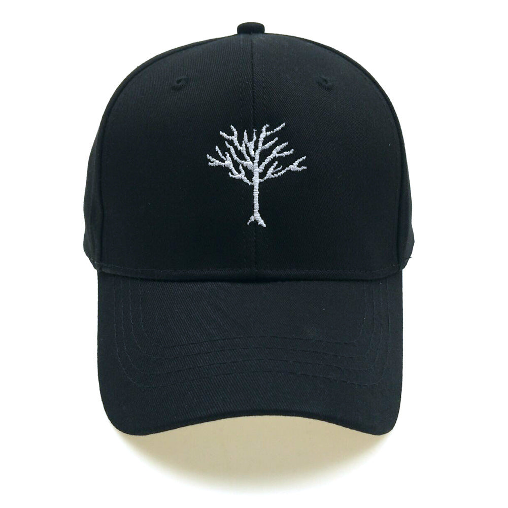 a black hat with a white tree on it