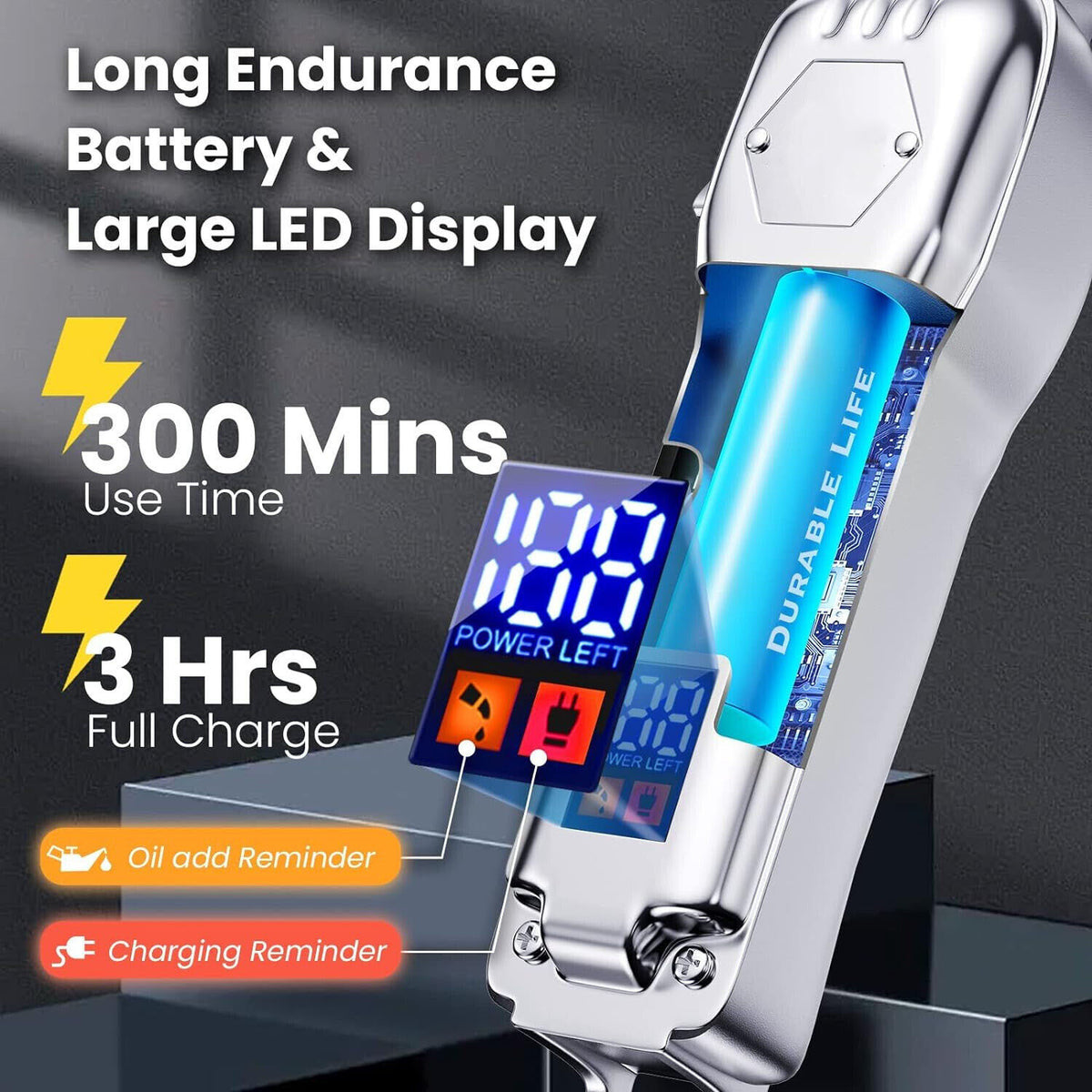 a silver battery with blue light