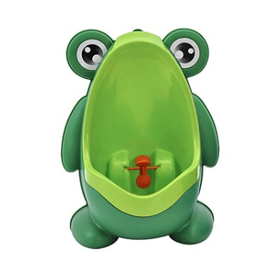 a green frog urinal with a red spout