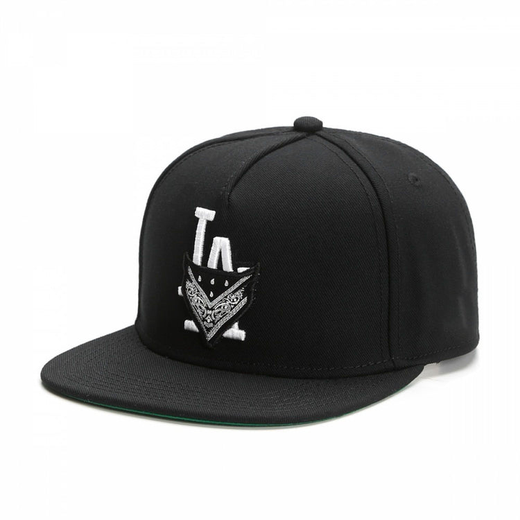 a black hat with a white logo