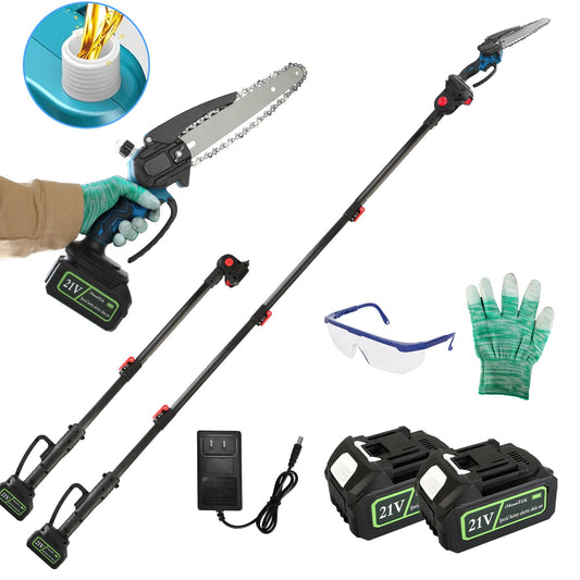 1Pc 2 In 1 8in Cordless Electric Pole Saw And Mini Chainsaw With Extension Poles 2Pcs 21V 3.0Ah Batteries Adjustable Length Chain Saw With Auto Oiler Safety Switch For Wood Cutting