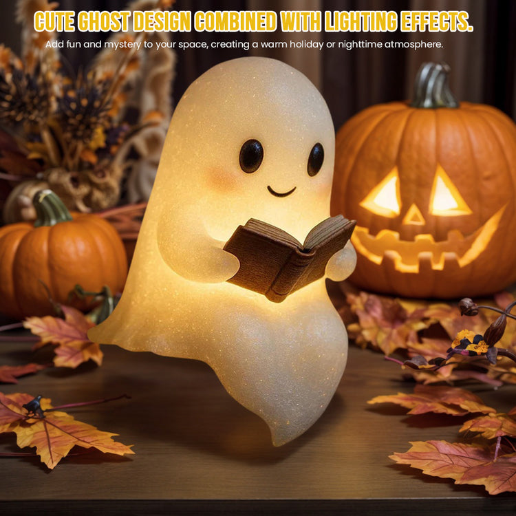 a glowing toy ghost reading a book