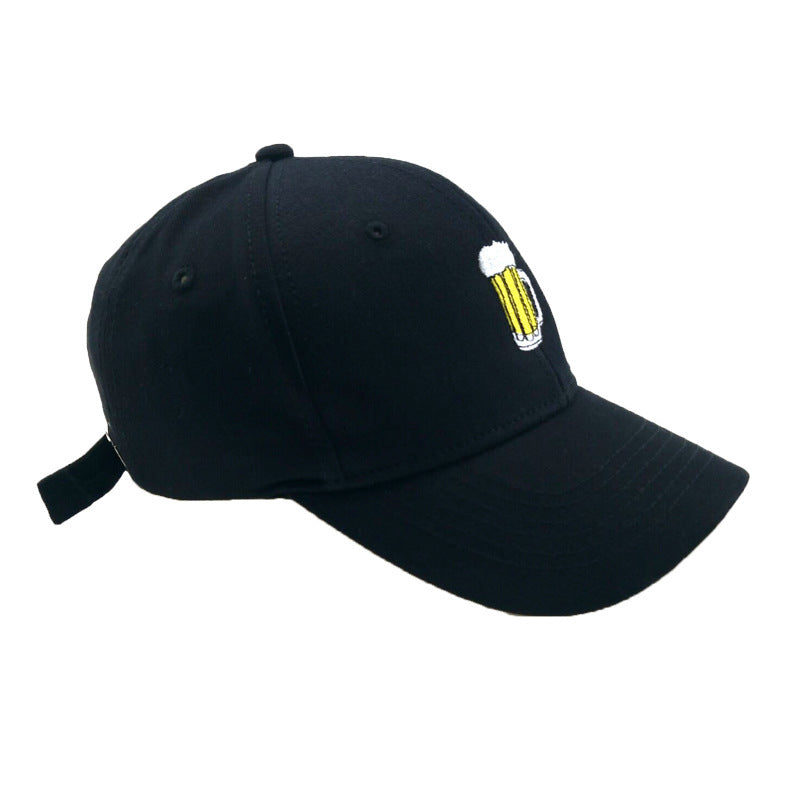 a black hat with a yellow beer on it