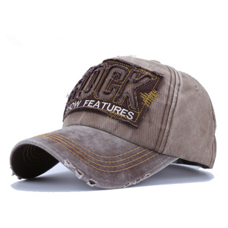 a brown baseball cap with a patch on it