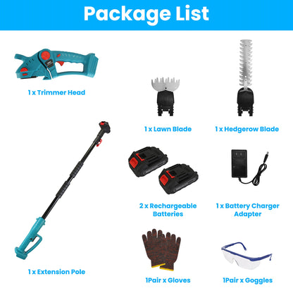 1Set Pole Mini Hedge Trimmer And Grass Shear Electric Cordless Handheld Hedge Trimmer With 90Degree Rotatable Head Telescopic Extension Pole Gloves Goggles 2Pcs 21V Batteries