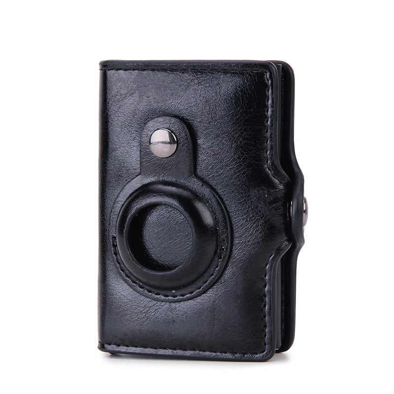 a black leather case with a round object