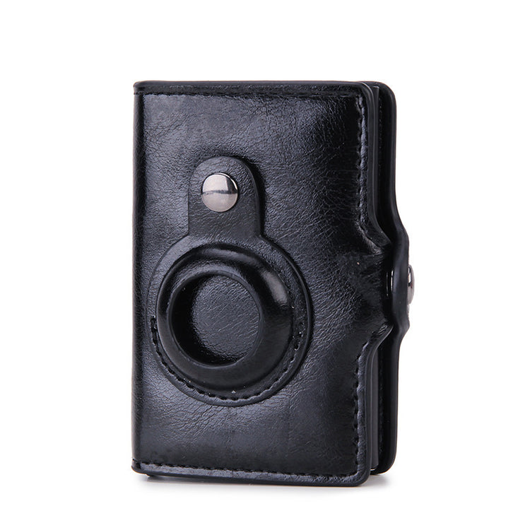 a black leather case with a round object