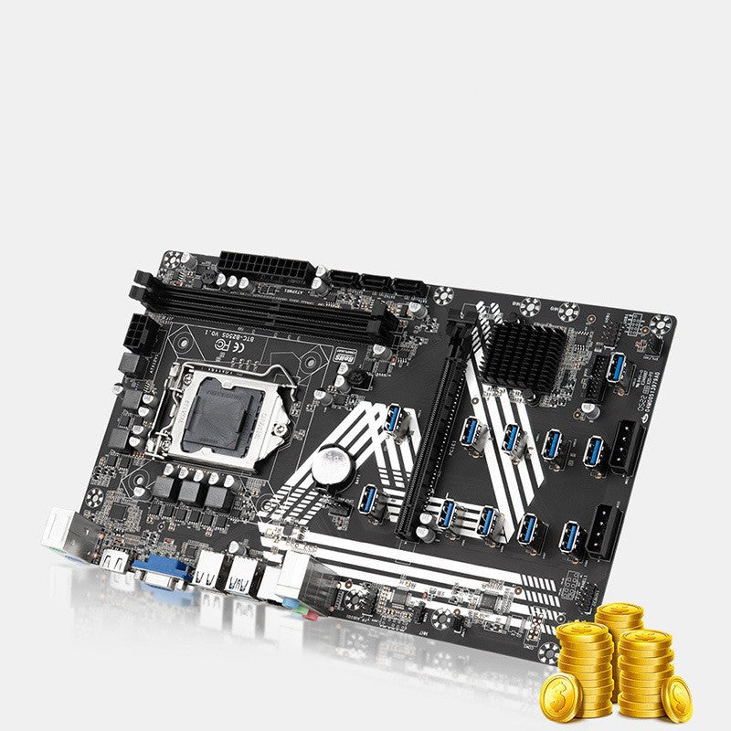 a computer motherboard with many slots and gold coins