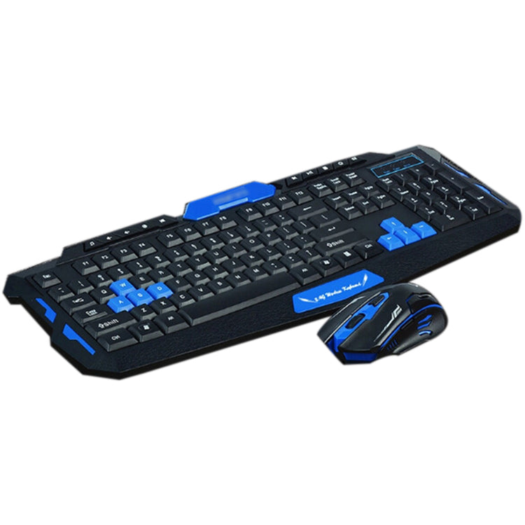 a black and blue keyboard and mouse
