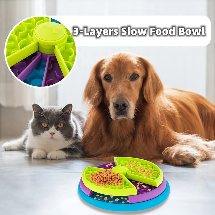 a dog and cat lying on the floor next to a bowl of food