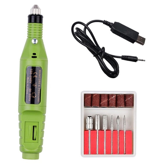a green electric drill and a box of bits