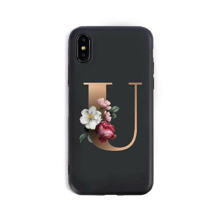 a black phone case with a letter on it
