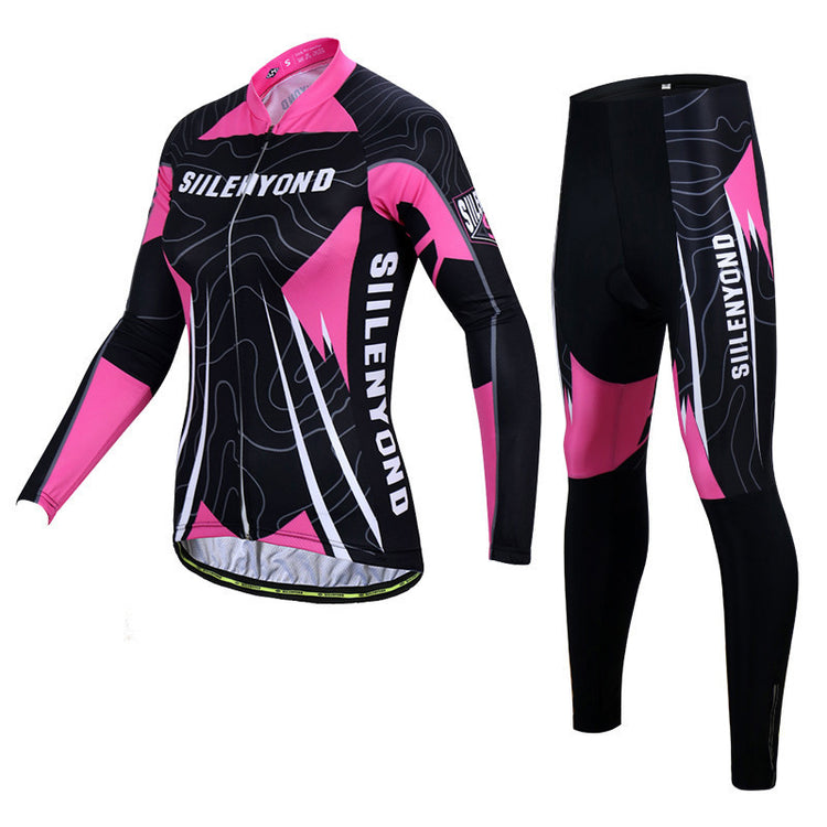 a black and pink cycling outfit