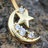 Gold Crescent Moon & Shinning Star Navel Ring