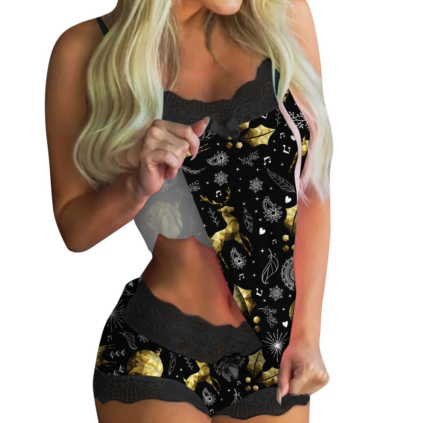 European And American Lace Sexy Sweet Print Suspender Two-piece Pajamas