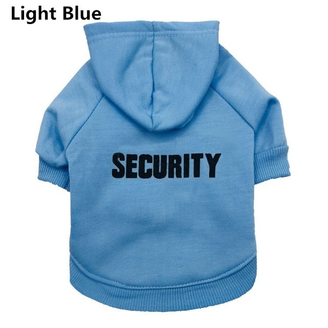 a blue dog sweater with black text on it