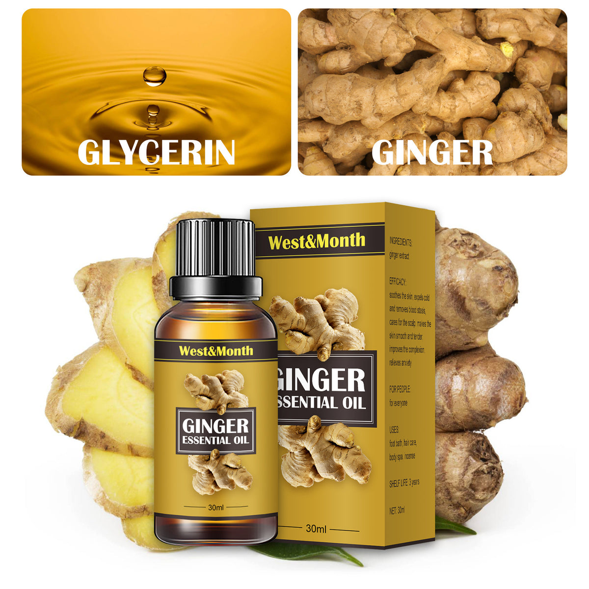 a ginger essential oil and a box of ginger
