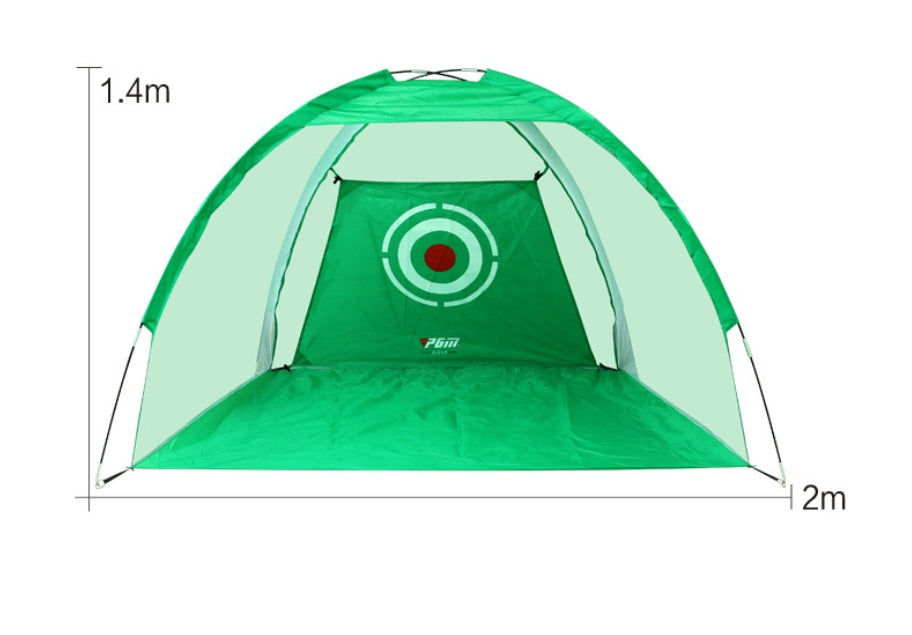 a green tent with a red center