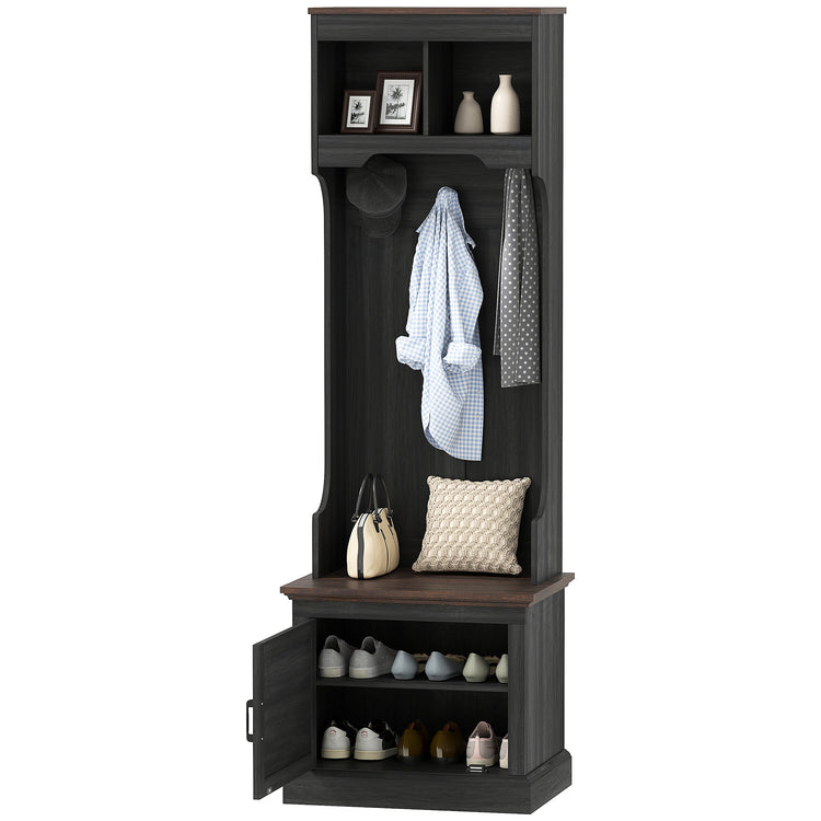 a black wooden coat rack with shoes and a white robe on it