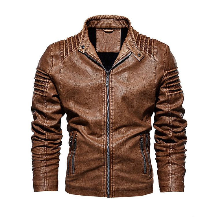 a brown leather jacket with zipper
