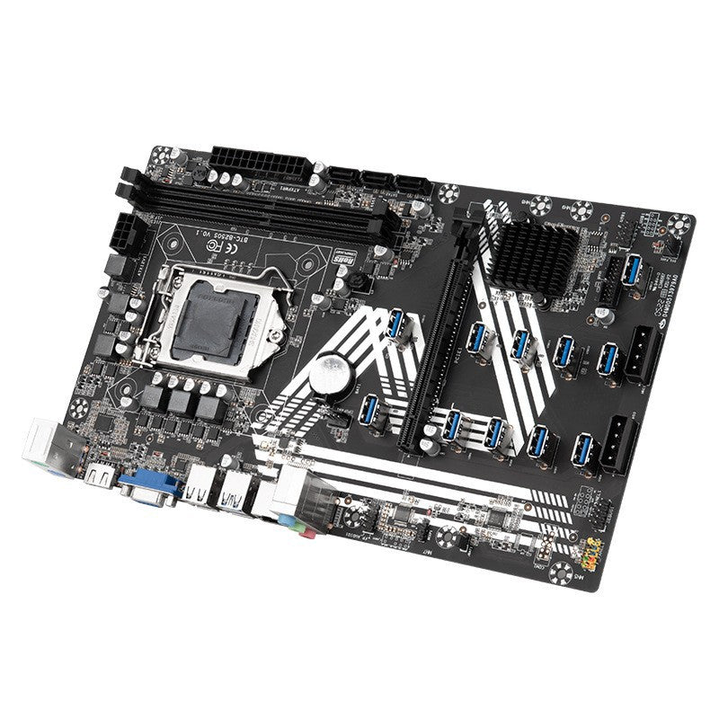 a black computer motherboard with many ports