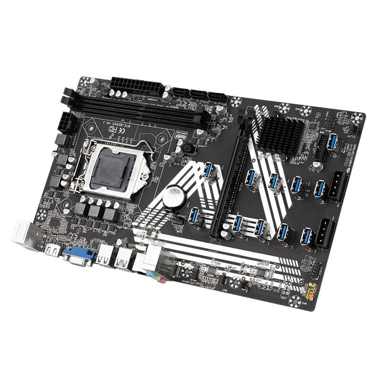 a black computer motherboard with many ports
