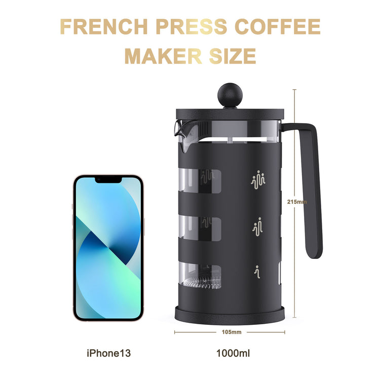 a french press maker and a phone