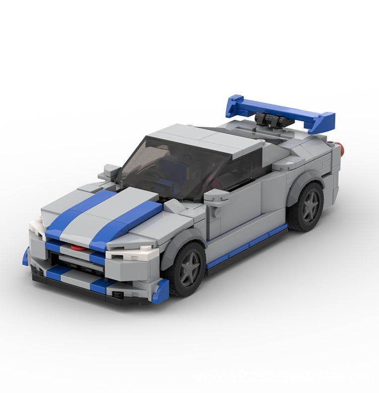 a toy car with blue stripes
