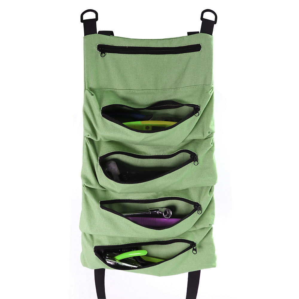 a green bag with pockets