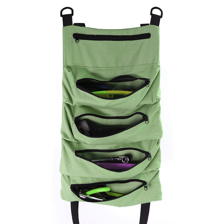 a green bag with pockets