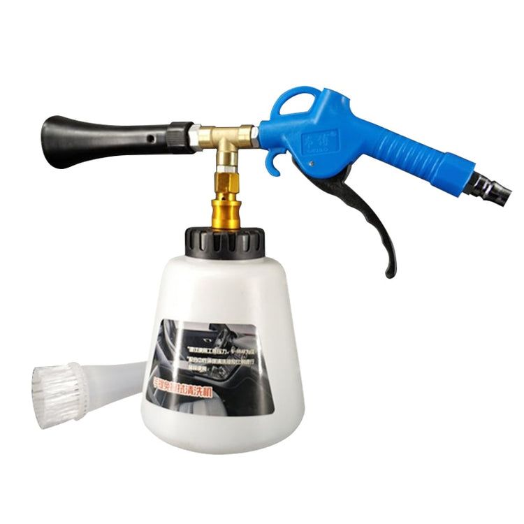 a white bottle with a blue handle and a blue spray gun