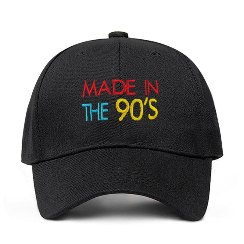 a black hat with colorful text