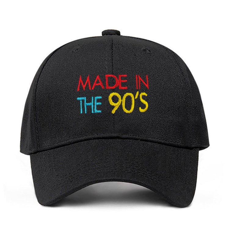 a black hat with colorful text