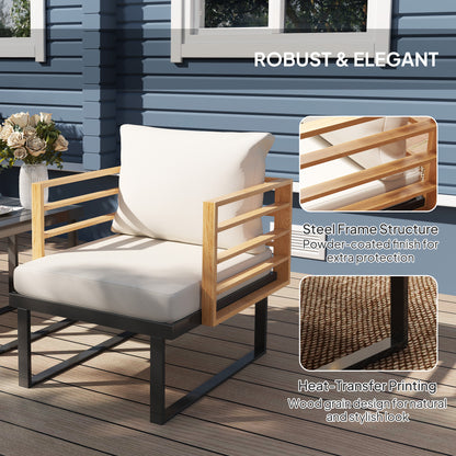 3 Piece Metal Bistro Set, Small Patio Furniture Set With Cushions, Armchairs, Slatted Table For Backyard Balcony, Beige
